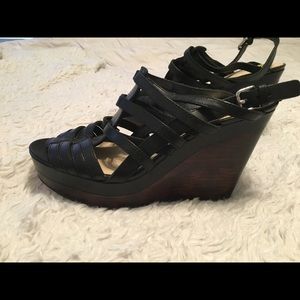 Coach black leather platform wedge